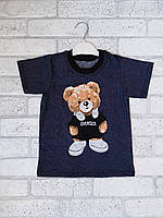 Однотонная детская футболка оптом стрейчевая темно синяя с накатом мишка р.28 30 32 34 36