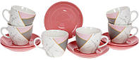 Кавовий сервіз "Мармур" 6 чашок 240мл та 6 блюдець, порцеляна, білий з рожевим та сірим SND