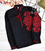 Рубашка вышиванка на мальчика "Черный/Красный Боковой цветок+рукав" рост 152-164