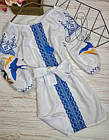Вышитое платье на девочку "Бело-Голубые Ласточки" рост 122-164