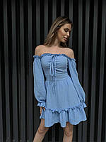 Легкое женское голубое платье с длинными рукавами