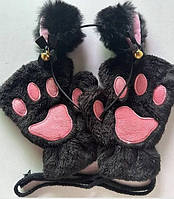 Рукавички-мітенки котячі лапки без пальців і обруч на голову з вушками , жіночий набір з вушками кота аніме