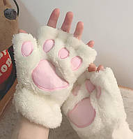 Перчатки без пальцев лапы кошки белого цвета , митенки кошачьих лапок, перчатки лапы