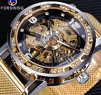 Жіночий наручний годинник механічний Forsining скелетон з відкритим механізмом і камінцями Жовтий Adore