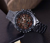 Мужские механические часы Winner Skeleton Черный с металлическим браслетом Adore Чоловічий механічний годинник