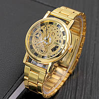 Кварцевые металлические мужские часы с открытым механизмом золотого цвета и металлическим ремешком. Adore