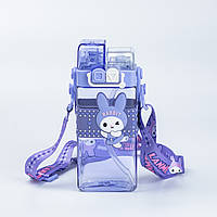 Детская бутылка для воды с трубочкой и ремешком, 500 мл, Rabbit, многоразовая, фиолетовая