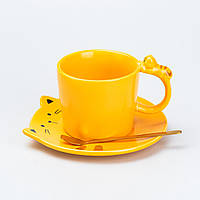 Чашка с блюдцем и ложкой керамическая 250 мл "Котенок" желтая