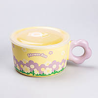 Чашка бульонница керамическая 750 мл с пластиковой крышкой "Цветок" Желтая супница миска для лапши