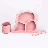 Дитячий набір силіконового посуду чашка / тарілка з трьома секціями / ложка Рожевий