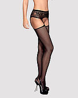 Сетчатые чулки-стокинги с кружевным поясом Obsessive Garter stockings S307 XL/XXL, черные, имитация