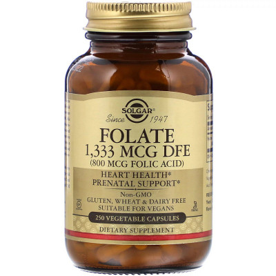 Вітамін Solgar Фолат В9, Folic Acid, 800 мкг, 250 рослинних капсул SOL-01101 l