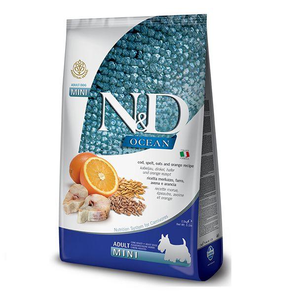 Низькозерновий сухий корм з тріскою для дорослих собак дрібних порід Farmina N&D Oats & Orange Adult Mini на вагу 250г., фото 1