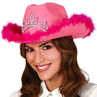 Розовая ковбойская шляпа с пухом и диадемой (7098935)