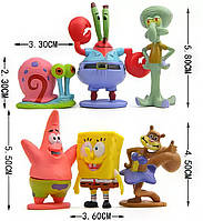 Набір фігурок 6в1 Губка Боб (СпанчБоб), Патрік, Сквідвард, Юджин, Сенді Чікс, Равлик Гері, 3-6 см - Spongebob