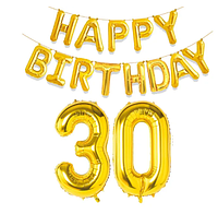 Набор фольгированных шаров цифра 30 и надпись растяжка из надувных фольгированных букв Happy Birthday золото