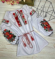 Блуза вышиванка на девочку "Красные цветы" рост 134-158