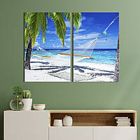 Картина на холсте для интерьера KIL Art диптих Пустой гамак между пальмами на песчаном пляже 165x122 см GRD