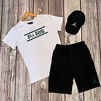 Летний мужской комплект Jordan (шорты + футболка) белая футболка и черные шорты