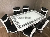 Обеденный комплект, обеденный стол раскладной и 6 стульев, калёное стекло, Турция