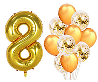 Цифра фольгированная 8 золотая с набором воздушных шаров 12 шт с конфетти