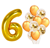 Цифра фольгированная 6 золотая с набором воздушных шаров 12 шт с конфетти