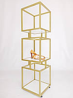 Стійка стелаж золота з полицями для магазину одягу, взуття, аксесуарів "Куб"