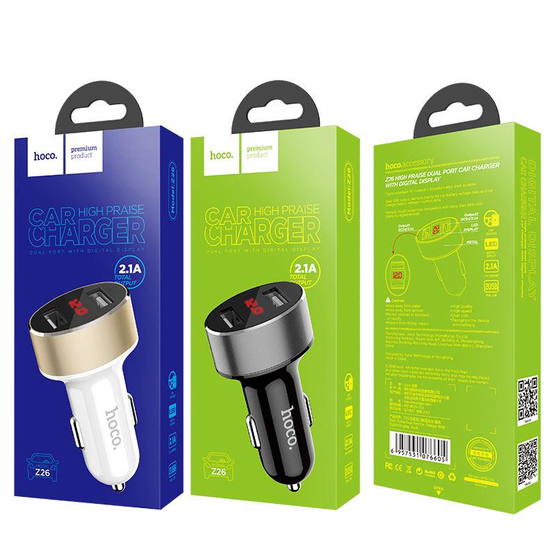 Авто зарядка + Вольтметр 12/24V 2USB (2.1A+1A) "HOCO" Z26, фото 1