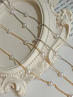 Намисто (70103) нержавіюча сталь штучні перли, ніжна прикраса у двох кольорах золото, срібло, довжина 37+7см