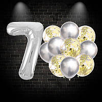 Фольгированная цифра-шар 7 серебряная с набором 12 шт шаров серебро с золотым конфетти для фотозоны