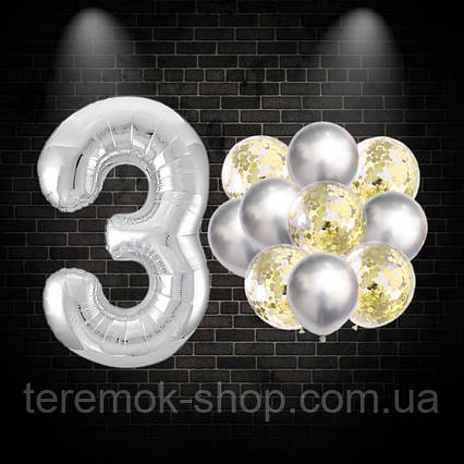 Набір срібляних кульок із фольгованою блакитною цифрою 3, комплект з 12 кульок для фотозони з золотим конфетті