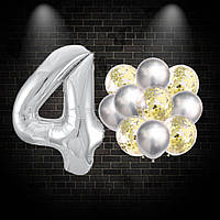 Набор серебряных шаров с фольгированной  цифрой 4, комплект из 12 шаров для фотозоны с конфетти золото