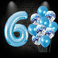 Фольгированная цифра-шар 6 холодный синий с набором воздушные шары с конфетти 12 шт