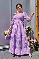Платье длинное из прошвы и льна, стильное нарядное летнее платье батал, длинное платье со шнуровкой батал