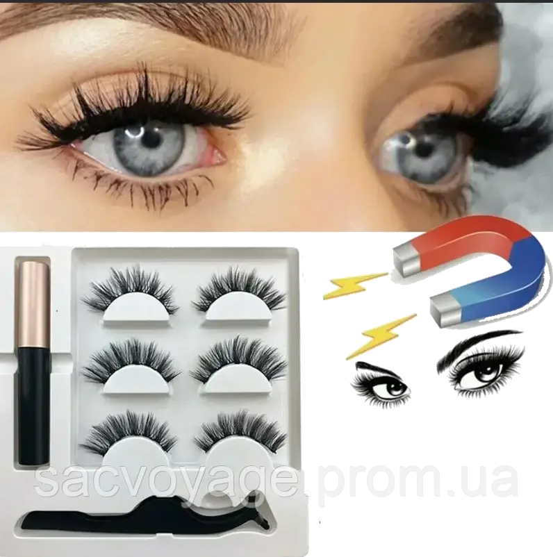 АКЦИЯ!!! Три пары многоразовых магнитных ресниц 3D с подводкой и пинцетом 5 магнитов 1001 длина 10мм - фото 1 - id-p2205826948