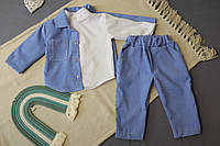 Детский вельветовый праздничный костюм голубой пиджак и брюки белая рубашка длинный рукав MROU