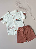 Детский нарядный костюм рубашка шорты и чепчик, красивый комплект на мальчика 6-9 мес (68-74см)