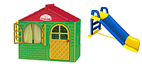 АКЦИЯ НАБОР Детский игровой пластиковый домик со шторками и детская пластиковая горка ТМ Doloni