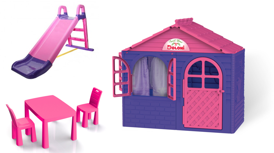АКЦІЯ НАБІР Дитячий ігровий пластиковий будиночок зі шторками, пластикова гірка і столик зі стільцями ТМ Doloni