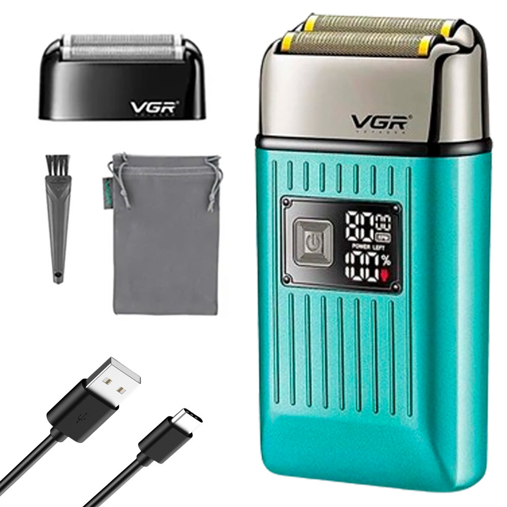 Електробритва сіткова для сухого та вологого гоління, з LED-дисплеєм, від USB, XPRO V-357, Бірюзова / Шейвер, фото 1