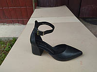 Туфли-деленки женские черные кожаные на удобном каблуке Ilona