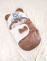 Демисезонный махровый спальник для новорожденных в коляску, коричневый + принт "Медвежонок"