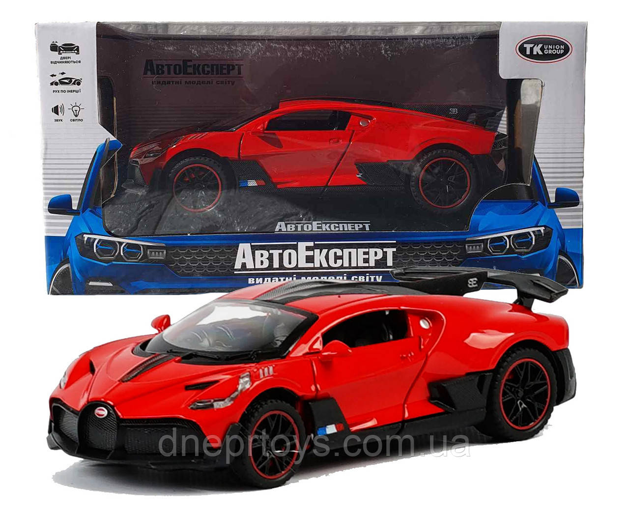 Іграшкова машинка металева Bugatti Divo, Бугатті, червоная, звук, світло, інерція, відкр двері, Автоексперт, 1:32,15*7*5см (32510), фото 1