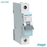 Hager MCN116 Автомат 16А, тип С, 6кА, 1P, автоматический выключатель Хагер однофазный