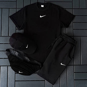 Чоловічий літній костюм Nike Футболка + Шорти + Кепка + Барсетка в подарунок чорний комплект Найк