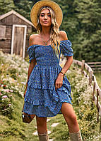 Платье женское летнее романтичное повседневное Сарафан с открытыми плечами модный с цветочным принтом на лето