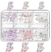 3D фігурки в наборі "Ведмедики" 30 шт./уп. (прозорі, рожеві, фіолетові) для декору та дизайну нігтів - 398