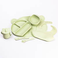 Детский набор силиконовой посуды для кормления ребенка 7 предметов Оливковый Lodgi