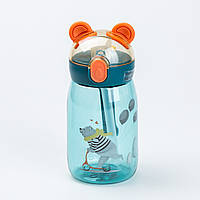 Детская бутылка для воды с трубочкой 500 мл с крышкой флип топ "Медвежонок" Синяя Lodgi