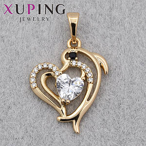 Кулон сердечко з дельфіном і кристалами покриття 18 К медичне золото золотистого кольору розмір 28х18 мм